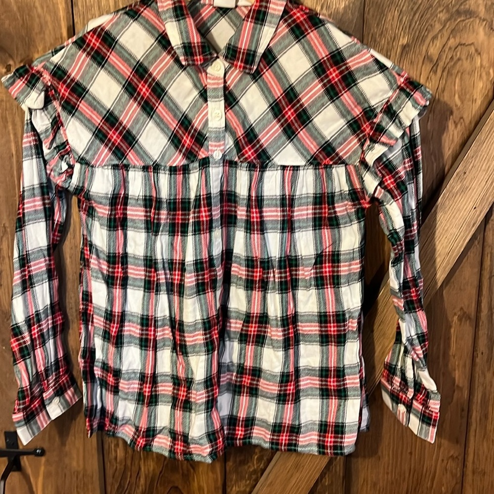 Gap kids girls, size 10 Christmas plaid button-down with ruffle sleeve